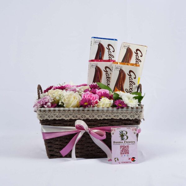 Neat Colorful Rose Basket with Delicious Chocolates