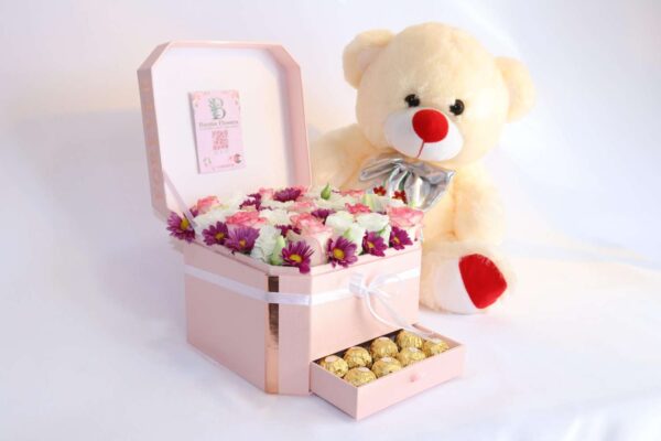 Rose Basket with a Teddy Bear and Ferrero Rocher