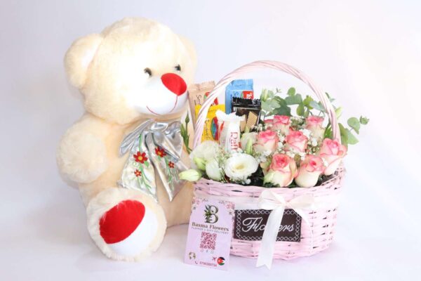 Rose Basket with a Teddy Bear and Chocolates
