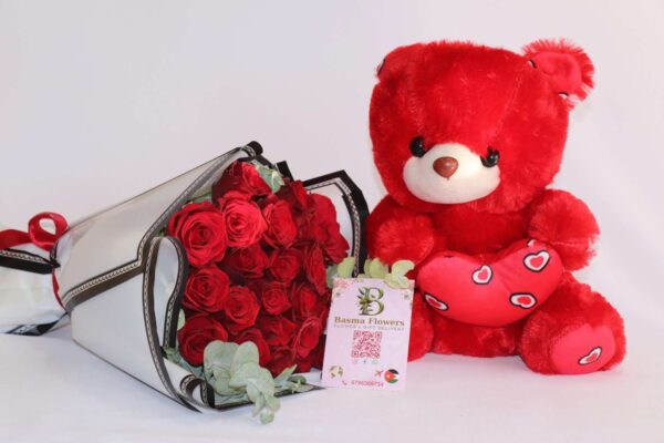 20 Red Roses with 30 cm Teddy Bear